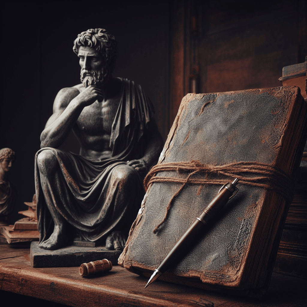 A rendered picture of an ancient philosopher deep in thought.